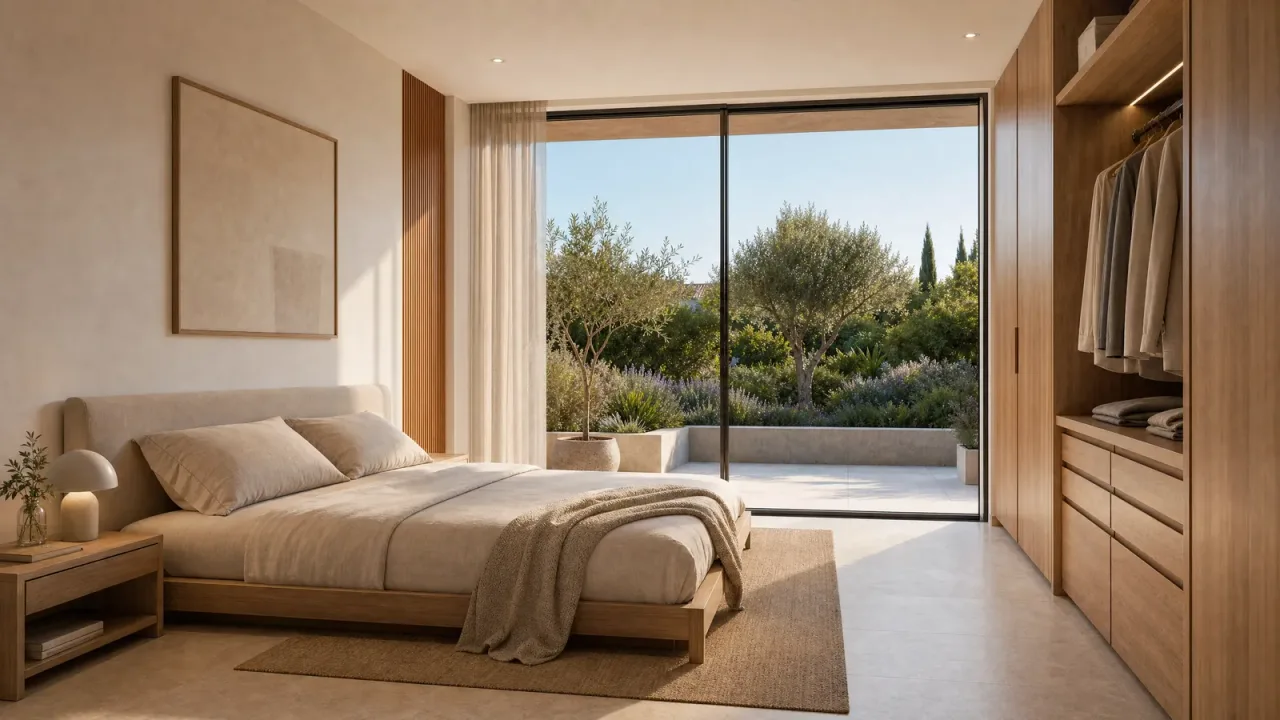 Dormitorio de una vivienda unifamiliar construida por Materia Estates